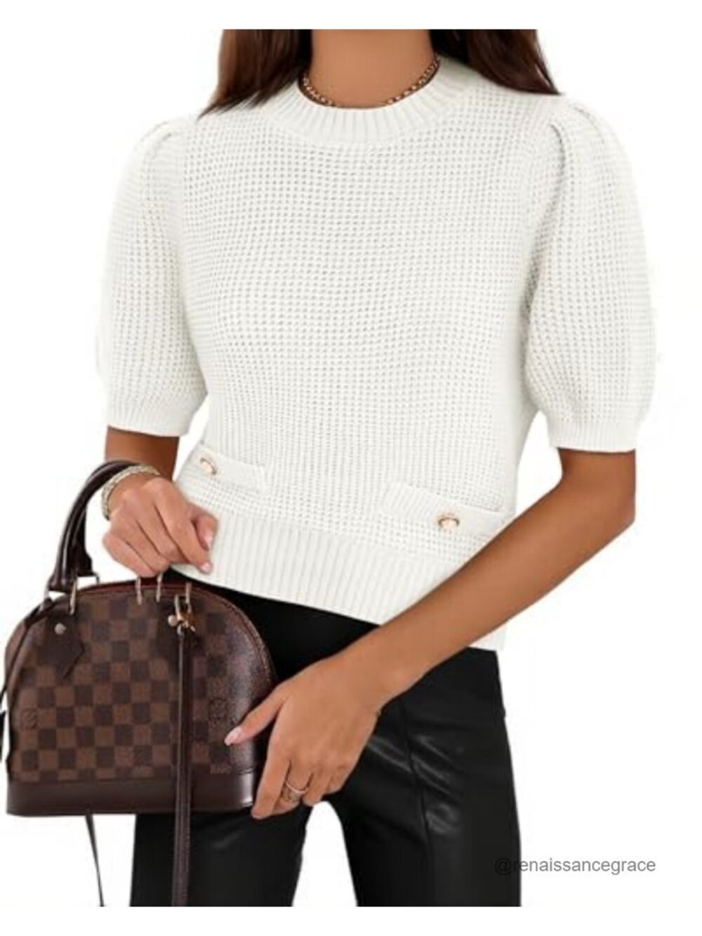 Puff Short Sleeve Sweater Cropped Ribbed Knit Cotton Acrylic
